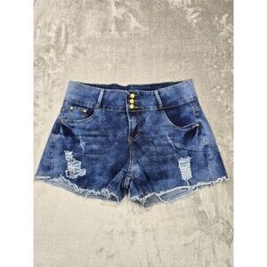 Denim Shorts Women Size 36 Blue Distressed Ripped High Waist Fray Raw Hem 3...